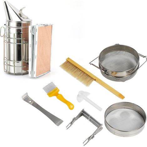 7-teiliges Imkerwerkzeug-Set: Bienenbürste mit Wildschweinborsten + Rahmenheber + Rahmenklemme + Edelstahl-Räucherofen + Doppelschichtsieb + Tränke + gelbes Nadelmesser (schwer, groß, verpackt in eine (1/5)