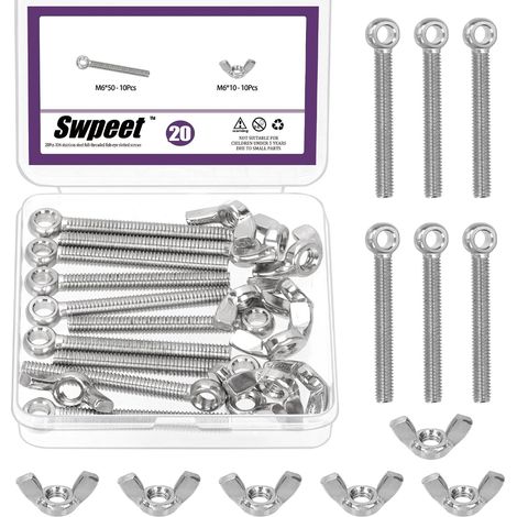 20Pcs M6 x 50mm 304 en acier inoxydable Épaule Swing Lifting Eye Boulon et M6 Kit d'assortiment d'écrous d'aile, Boulon de rigging Fisheye en fil métrique, Bouchon de dôme hexagonal (1/5)