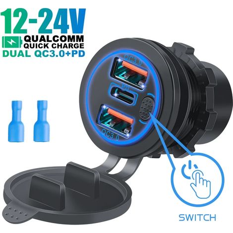 Chargeur de voiture 12 V/24 V à triple prise, double port USB QC 3.0 et PD Type-C, 68 W, adaptateur secteur avec interrupteur tactile et témoin lumineux LED. (1/5)