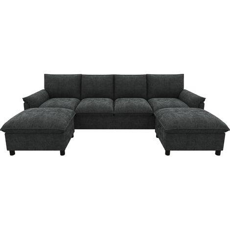 ELVMI Canapé Panoramique en U Modulaire avec 2 Poufs Mobiles, Rangement Caché et Dossier Haut, en Chenille Noir (1/5)