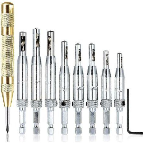 Juego de 8 brocas de centrado, perforadoras de bisagra autocentrantes, herramientas de carpintería para puertas de muebles de 1/4'' (1/5)