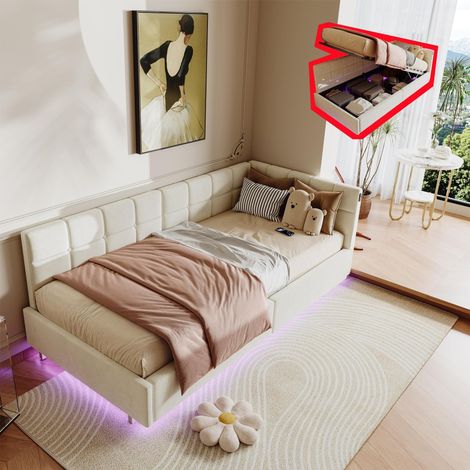 Letto contenitore 90x200 cm, letto singolo con illuminazione a LED integrata, porte USB e Type-C, base con pannello in legno, singolo, moderno, velluto, crema