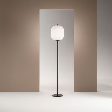 Lampadaire Domizia En Métal Et Verre Soufflé, Couleur Noire, Douille E27 40 W, Design Élégant Avec Variateur D'Intensité Lumineuse Inclus (1/5)