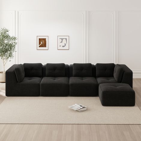 Modulares Ecksofa (386x177x69 cm), ohne Gestell, tiefe Sitzfläche, Cordstoff, Schwarz (1/5)