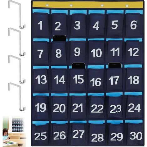 30 Poches Pochette Numérotée, Porte Salle Classe avec 4 Crochets, Organisateur Suspendre, Sac Rangement Murale, Support Téléphone Portable, Organiseur Suspendu Numérique Tableau (Bleu Marine) (1/5)