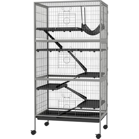 Gabbia per Conigli con 4 Ingressi a Livelli Multipli con Amaca 80x52x159 cm in Acciaio e PP Argento e Grigio (1/5)