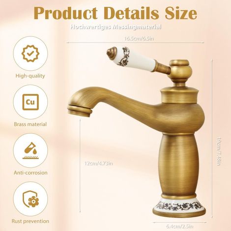 Mitigeur doré brossé à col floral – Levier unique, motif vintage – Pour WC ou cuisine, eau réglable