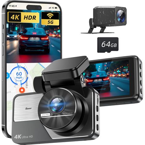 Doppia telecamera per auto 4K+2K Full HD, WiFi 5G integrato con scheda da 64 GB, GPS, schermo IPS da 3 pollici, visione notturna 2160P UHD, controllo tramite app, HDR e sorveglianza del parcheggio 24 