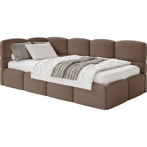 Selsey Cloudy – Jugendbett 120 cm, Bettkasten, Velours wasserabweisend, Kopfteil links, Braun