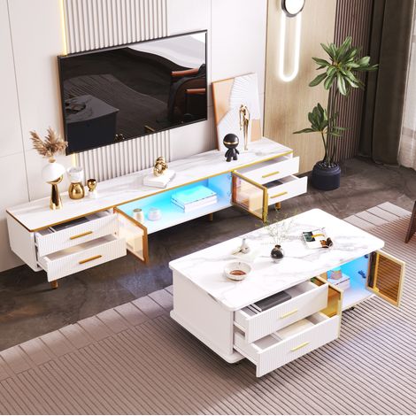 TV-Möbel- und Couchtisch-Set 170x37x47,5 cm, Weiß, LED, Stauraum – MEUBLIV