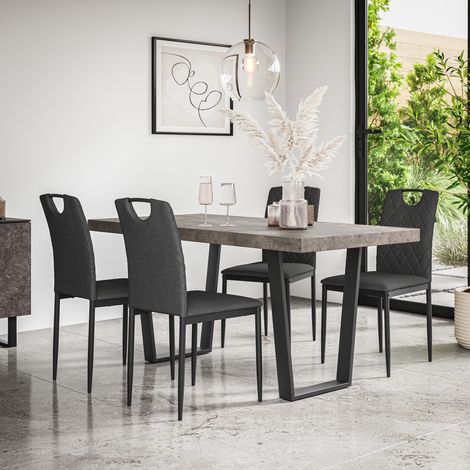 Aria Dining Table And Chairs -  Grey Table Top w Black Legs + Monza Linen Dining Chair Set Of 4 (Charcoal) (1/5)