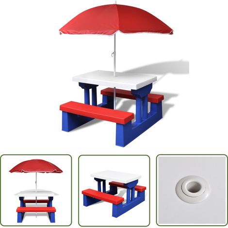 The Living Store Table et bancs de pique-nique avec parasol pour enfants - Table De Pique-nique Enfant - Ensemble Table Et Banc - Mobilier De Jardin Enfant - Parasol Intégré - Jeu Extérieur Enfant (1/5)