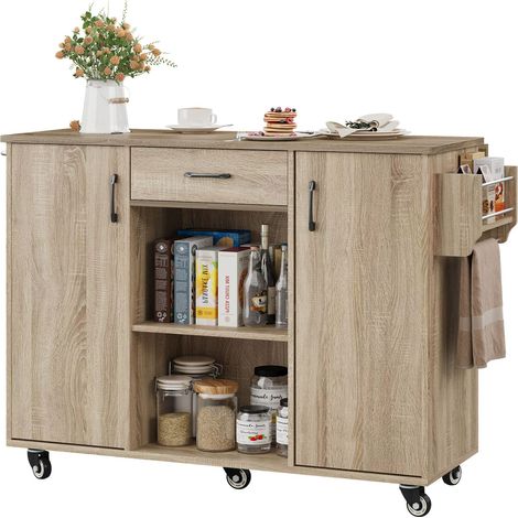 CAIziÎlot de cuisine, chariot de cuisine avec plateau rabattable, îlot de cuisine mobile sur roulettes de 120 cm, desserte roulante avec tiroir et armoire, chêne Sonoma, 92,9x120x43,5cm (1/4)
