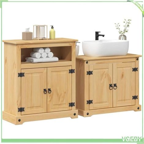 Ensemble meubles de salle de bain 2 pcs - Corona - Bois de pin massif - Finition cire miel - Grand rangement (1/5)