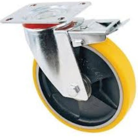 Ruota per carrelli a supporto in acciaio girevole con freno anteriore, assemblaggio autobloccante -ø mm 150 x 30 port. kg 200