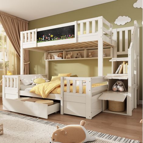 Etagenbett Holz Weiß 90x200/140x200 cm mit Kreidetafel, Stauraumtreppe, Schubladen und Lattenrost (1/5)