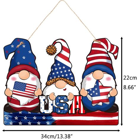 Panneau décoratif en bois pour la fête de l’Indépendance, gnome elfe nain, drapeau américain, pendaison de porte, 1 pièce, coloré, taille unique. (1/4)
