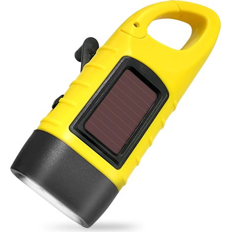 Lampe torche LED jaune rechargeable manivelle/solaire - Mousqueton randonnée,camping,escalade - Portable et fiable (1/5)
