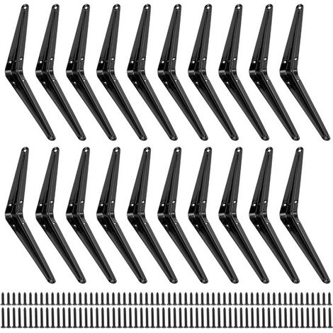 Juego de 20 soportes para estantes de pared - 150 x 200 mm - Soportes resistentes - Negros - Metal - Ángulo de 90° con tornillos (1/5)