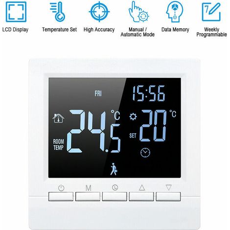 Termostato elettrico, pulsante manuale 16A, display negativo, lettere bianche su sfondo nero, senza Wi-Fi. (1/5)