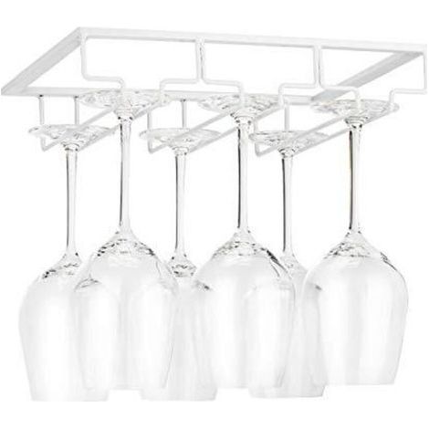 Support de Verre à Vin - Porte-Verres à Pied Suspendu sous Armoire en Métal avec Vis, Support de Rangement pour Verre en Fer Inoxydable avec 3 Rangées pour Cuisine, Bar, Restaurant Blanc (1/4)