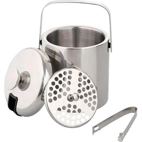 Bac à glaçons double compartiment de 1,3 L, seau à glace en acier inoxydable avec pince et couvercle-AquaForge (1/4)