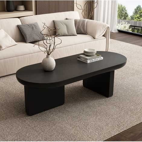 REDOM - Tavolino da caffè 119.7x49.8x35.5 cm, design ovale minimalista, doppia base quadrata, MDF nero opaco (1/5)