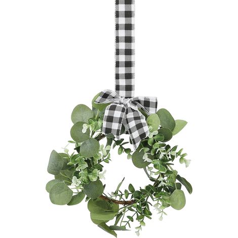 Mini Xmas Wreath Artificial Green Leaves Kitchen Cabinet Wreath for Windows Table TV Cabinet Decor with Black Red Check Bow (1/5)