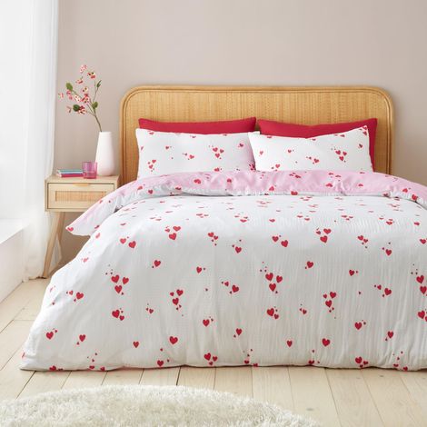 Parure de lit en Seersucker avec Housse de Couette et taies d'oreiller Motif cœur Blanc/Rouge (1/5)