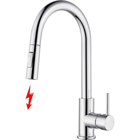 Robinet de cuisine basse pression avec douchette extractible, robinet basse pression rotatif à 360 °, moderne basse pression, mitigeur d'évier d'eau froide et chaude, chromé (1/5)