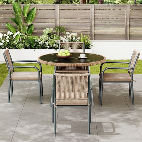 Ensemble de jardin moderne en rotin, table ronde en verre + 4 fauteuils avec accoudoirs, structure en fer, idéal pour terrasse, balcon ou patio (1/5)