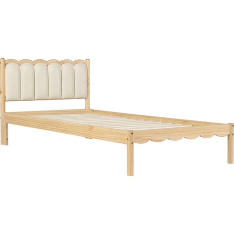 Kinderbett 90x200 cm aus Holz, beige, mit gepolstertem PU-Kopfteil und Lattenrost (1/5)
