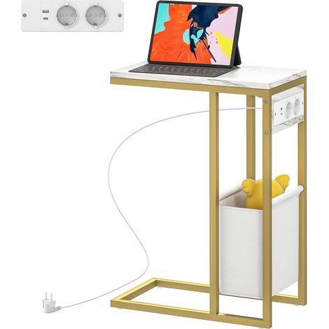 Table d\'appoint forme C avec station de charge sac de rangement en tissu plateau aspect marbre, 46 x 25 x 62,5 cm, blanc (1/5)