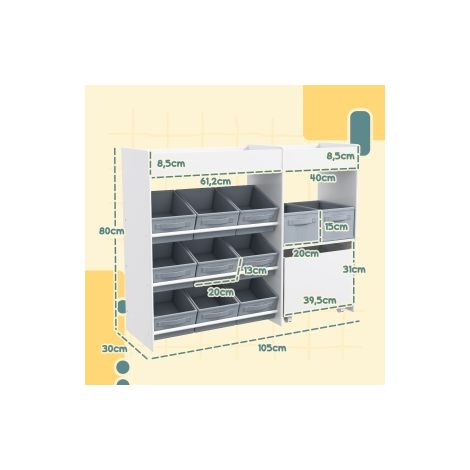 Meuble de rangement enfant blanc avec 11 bacs en tissu, casiers supérieurs et 3 stickers pour chambre, salle de jeux et école (1/5)