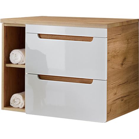 Waschtisch-Unterschrank 81 cm LUTON-56, Hochglanz weiß mit Wotan Eiche Nb., B/H/T ca. 81/61,5/46 cm (1/5)
