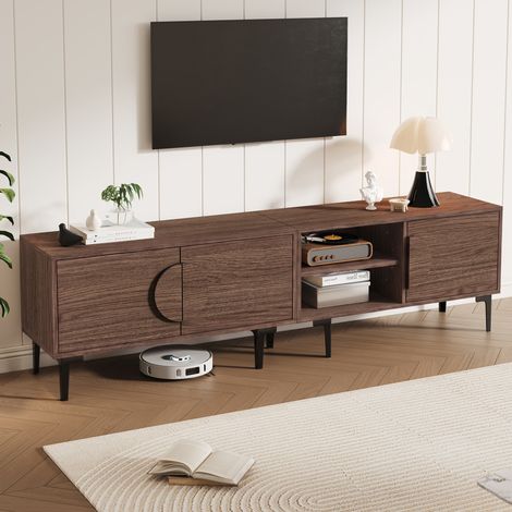 Meuble TV 180x35x49cm, 2 placards, compartiments ouverts, noyer foncé, pour TV jusqu'à 80 pouces (1/5)
