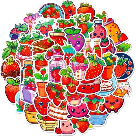 Lot de 50 stickers fraise cœur rouges, autocollants mignons fruit cartoon pour desserts, collations, déco girly, autocollant sucré adorable (1/5)