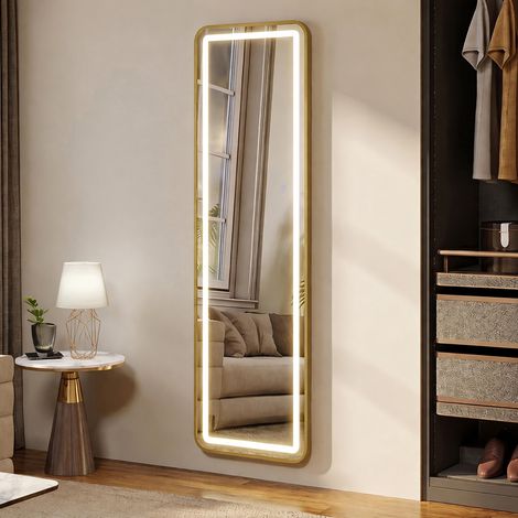 Comanlai - Miroir Intégral LED 150x40 cm avec Lumière Dimmable 3 Couleurs, Miroir sur Pied Doré et Mural, Grand Rectangle Miroir Pleine Longueur en Alliage d'Aluminium pour Chambre (1/5)