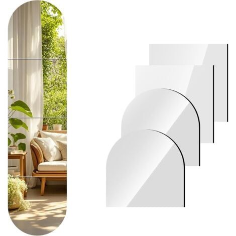 Miroir mural pleine longueur, 12 x 12 pouces x 4 pièces, miroir arqué pleine longueur, verre autocollant sans cadre, miroirs complets pour décoration de salon, entrée, chambre, salon (1/5)