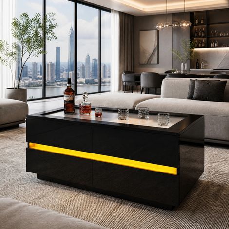 Table basse 100x50x40 cm noire avec 4 tiroirs, LED et verre trempé, panneau de particules MEUBLIV (1/5)