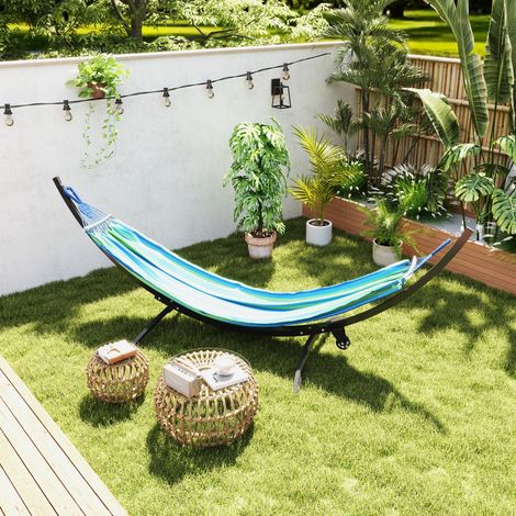 Supporto per amaca in metallo con ruote, portata massima 150 kg, con catene e ganci, 337 x 118 x 118 cm, nero.