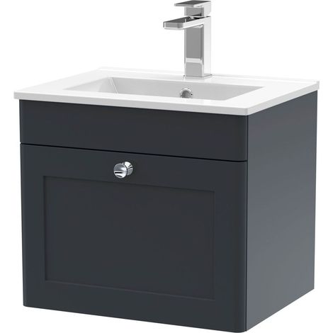 Swynnerton Traditional 1 Drawer Wall Hung Vanity Unit with Minimalist Basin, Dark Grey, 500mm (1/4)