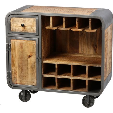 Meuble bar sur roulettes en bois naturel et métal gris - NEVADA