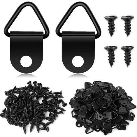 Kit de 100 crochets métalliques avec anneau en D et vis pour cadres photo, décoration murale, coloris noir (1/5)
