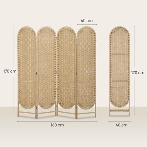 Paravent 4 panneaux 160x170 cm avec sommet arqué, tissé à la main, naturel, pliable (1/5)