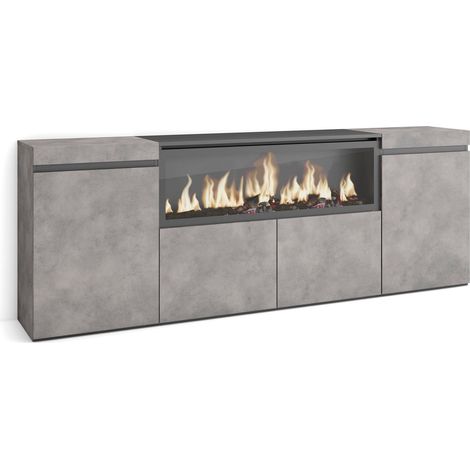 Skraut Home – Buffet moderne 208x75x35cm – 4 portes – Cheminée électrique XXL – Rangement salon et cuisine – Couleur gris ciment (1/5)