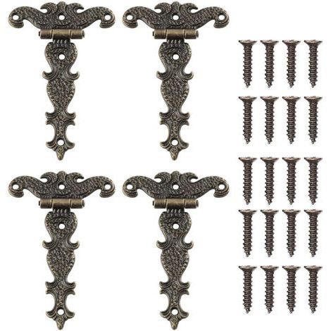Charnières décoratives vintage en bronze sculpté en forme de T pour portes d'armoires et boîtes à outils, avec vis