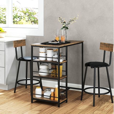 MEUBLIV Table haute 90x50 cm chêne – 2 tabourets, 3 rangements, style moderne (1/5)
