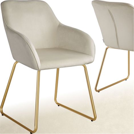 Tectake – Chaise de salle à manger en velours crème – Rembourrage moelleux – Accoudoirs intégrés – Dimensions 57x61x85,5 cm – Charge 120 kg (1/5)