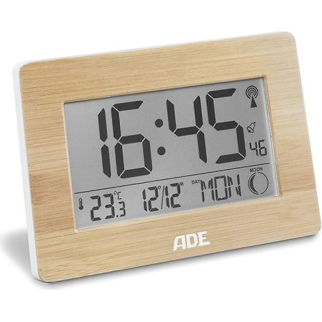 Horloge numérique radiopilotée 2024 avec signal horaire DCF, boîtier en bambou véritable, écran LCD, thermomètre, réveil et calendrier. Piles incluses. (1/5)